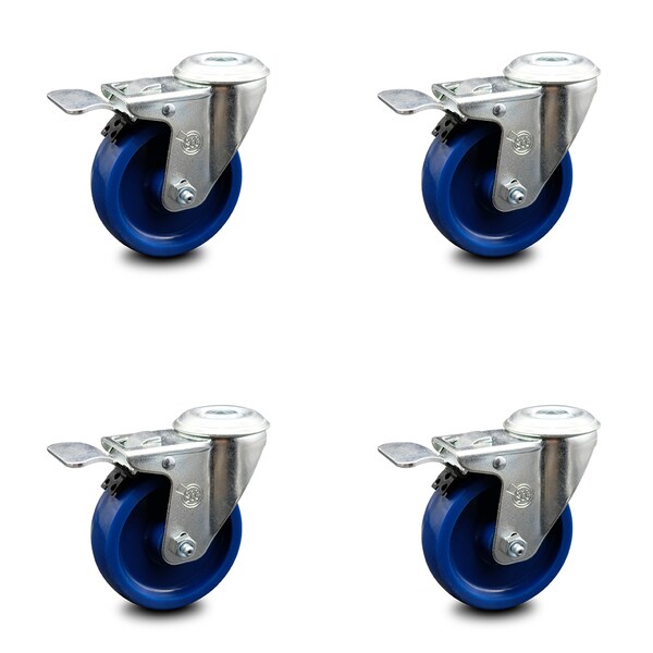 4 Inch Solid Polyurethane Swivel Bolt Hole Caster Set with Total Lock Brake SCC